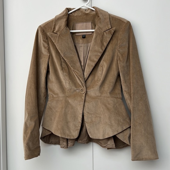 BEBE Corduroy Tan Peplum Ruffle Blazer Skirt Suit - Picture 3 of 8